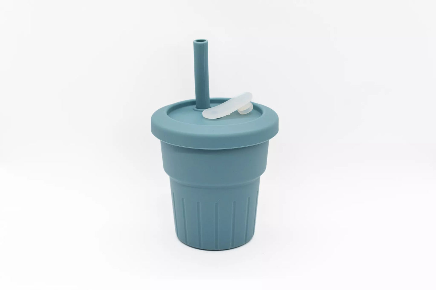 silicone straw cup in blue for boys. training cup that is easy to clean